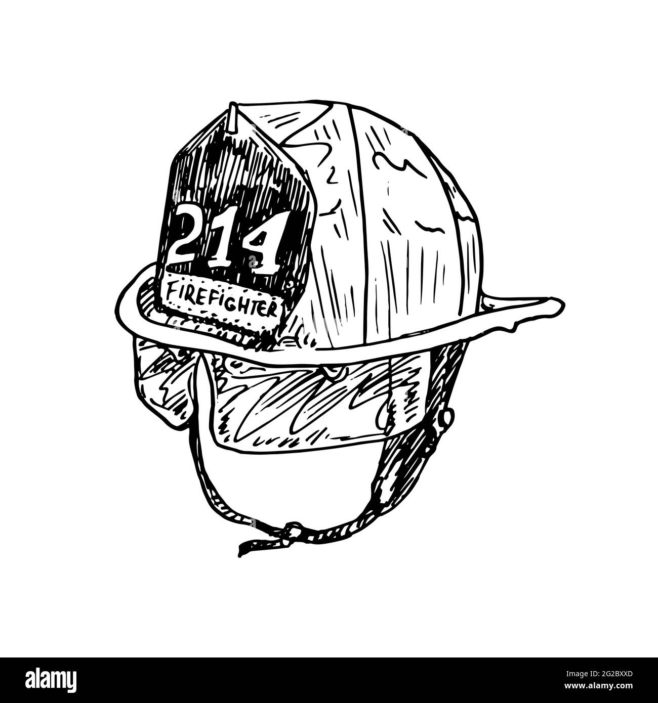 Firefighter helmet,  gravure style ink drawing illustration isolated on white Stock Photo