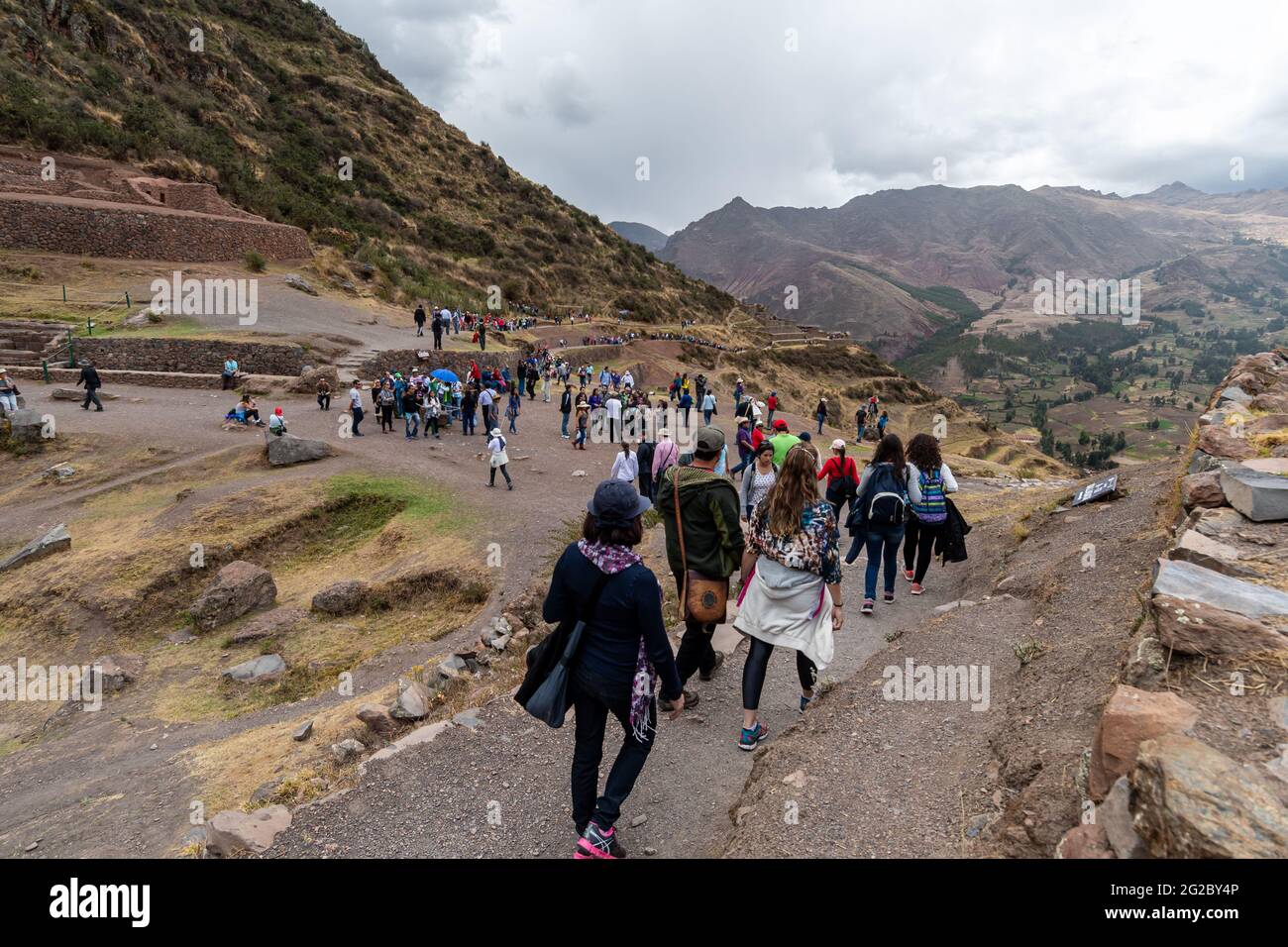 Pisac Archaeological Park, Calca, Cuzco, Peru on October 9, 2014. Ruins and tourist visits. Stock Photo