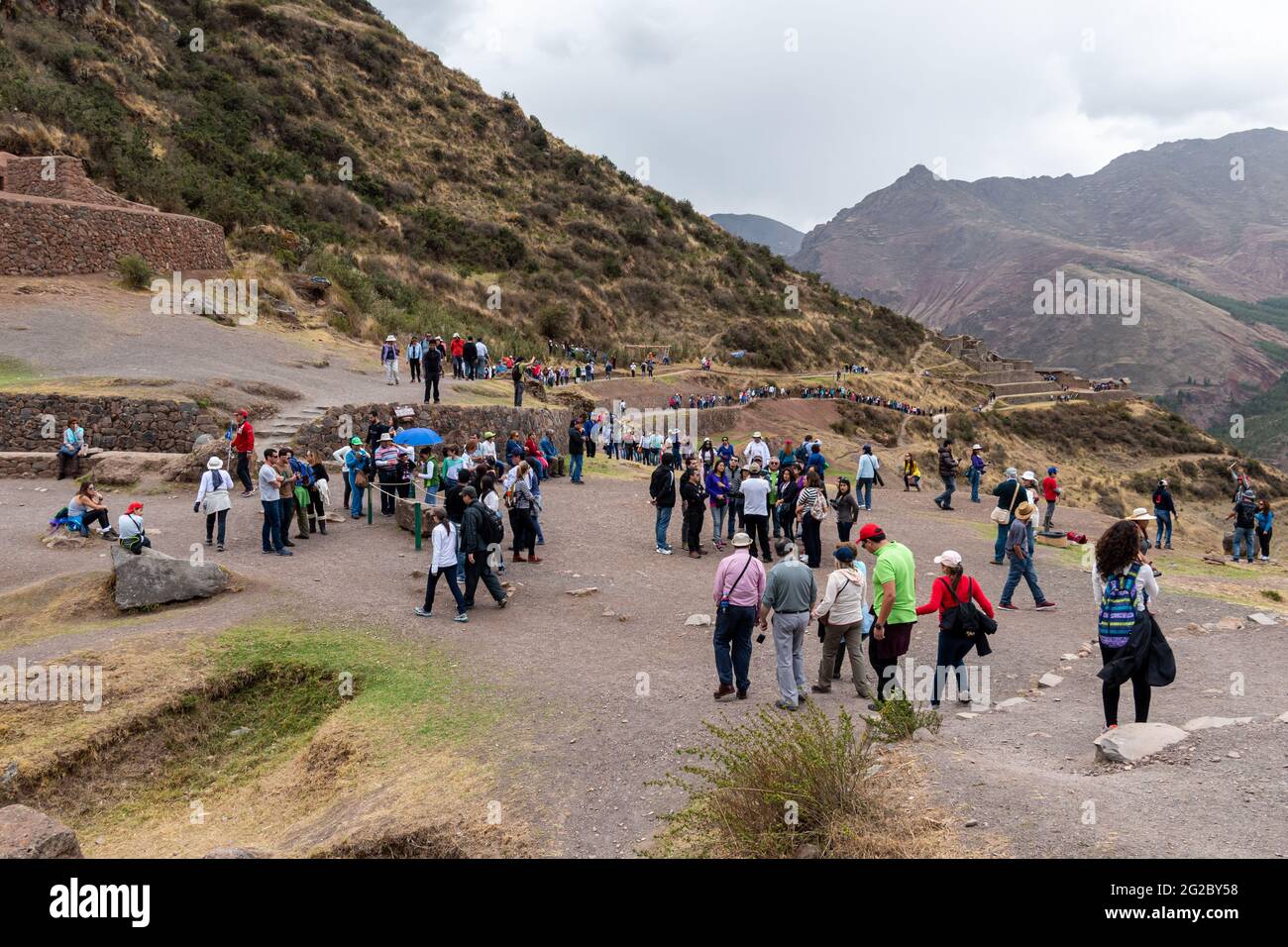 Pisac Archaeological Park, Calca, Cuzco, Peru on October 9, 2014. Ruins and tourist visits. Stock Photo