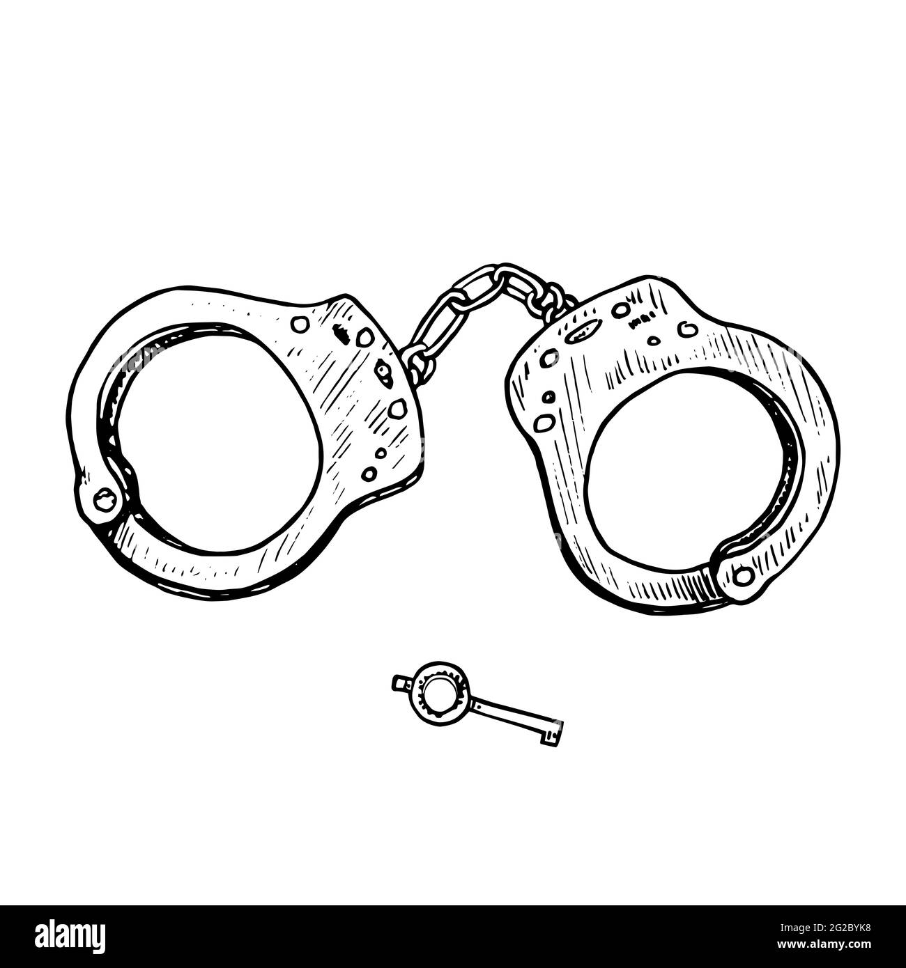 Handcuffs and key,  gravure style ink drawing illustration isolated on white Stock Photo