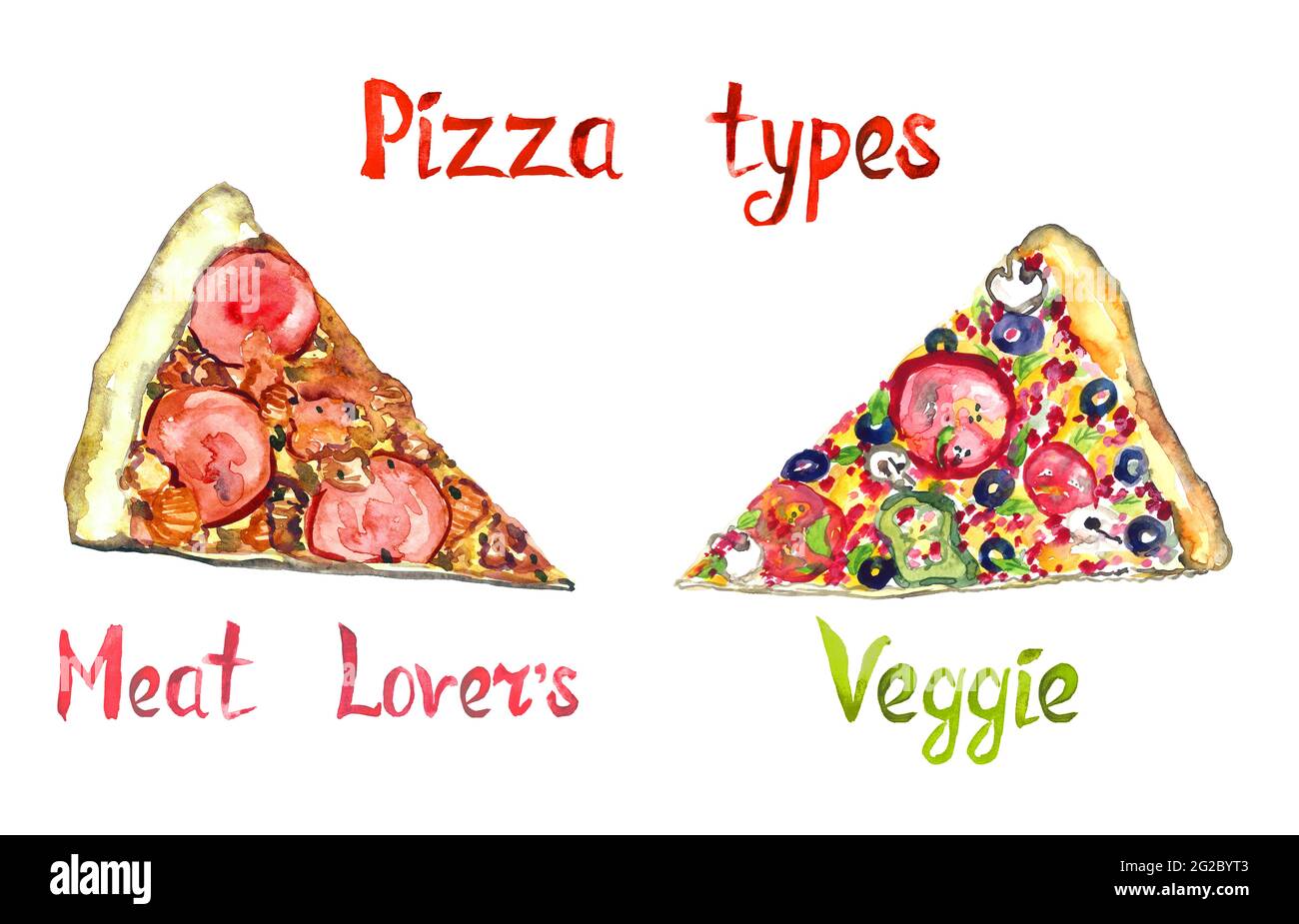 Pizza types, Meat lovers isolated on white hand painted watercolor ...