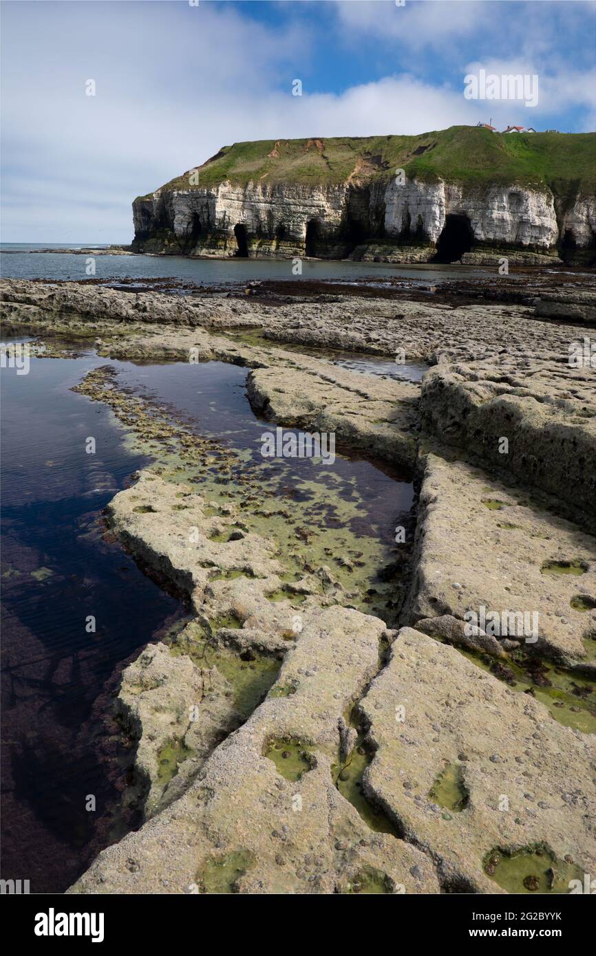 View towards the cliffs and caves at Thornwick Bay, Flamborough Head, Flamborough, East Yorkshire, UK Stock Photo