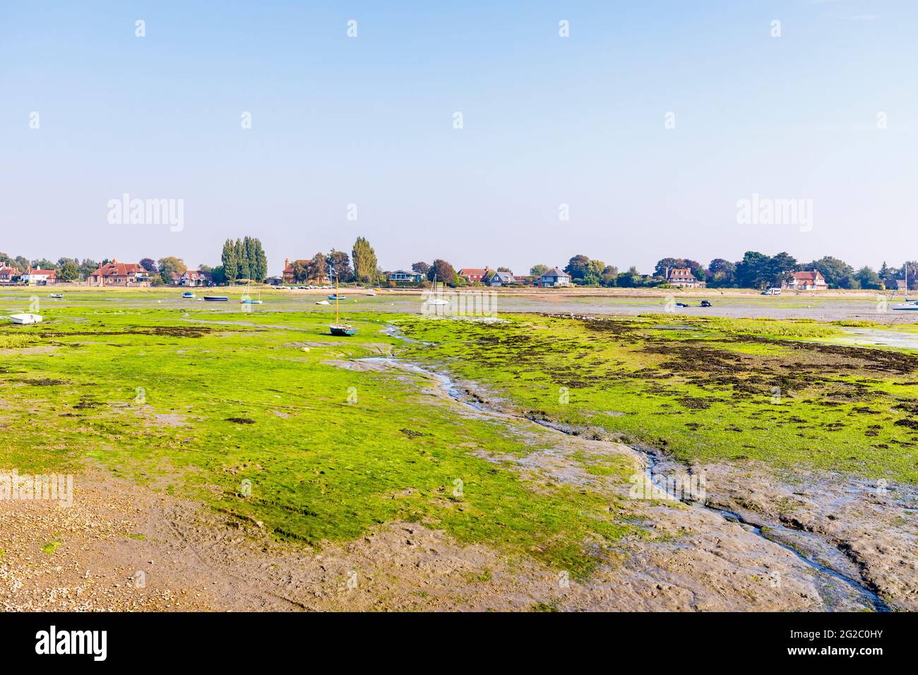 View from Shore Road of harbour mud flats and rivulets at low tide, Bosham, a coastal village on Chichester Harbour, West Sussex, south England Stock Photo