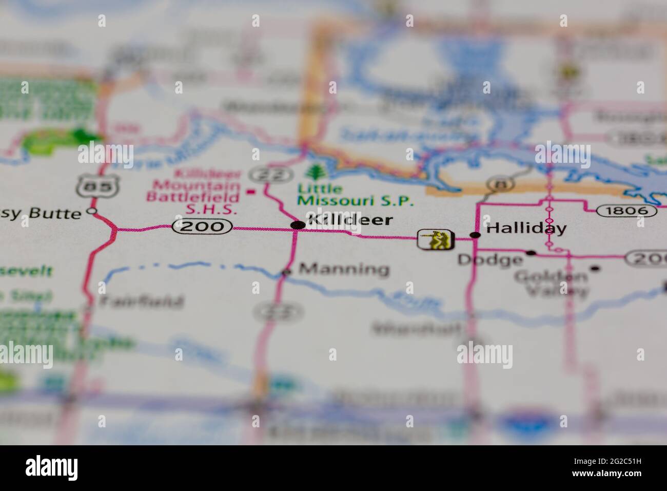 Killdeer North Dakota USA shown of a Road map or Geography map Stock