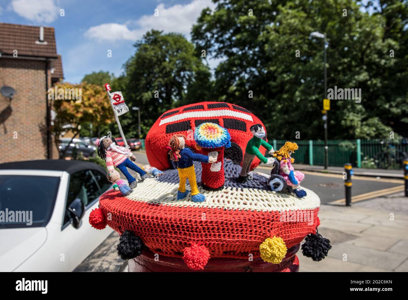 Yarn bombing on post boxes in Colliers Wood South London. Stock Photo