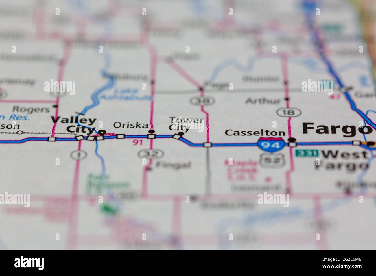 Tower city North Dakota USA shown of a Road map or Geography map Stock