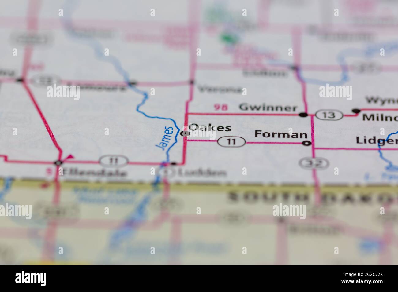 Oakes North Dakota USA shown of a Road map or Geography map Stock Photo