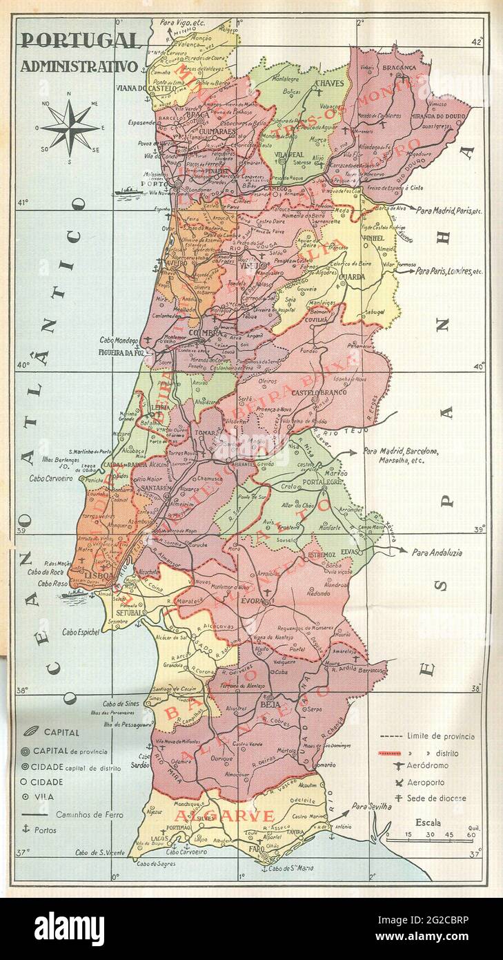 Portugal Map, Map of Portugal, Old Portugal Map, Retro Portugal Map, Vintage Portugal Map, Old Map of Portugal, Portugal Print, Portugal Poster Stock Photo