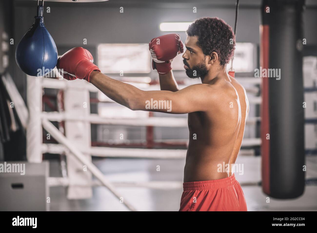 African american kickboxer having a workout in a gym and kicking the sandbag Stock Photo