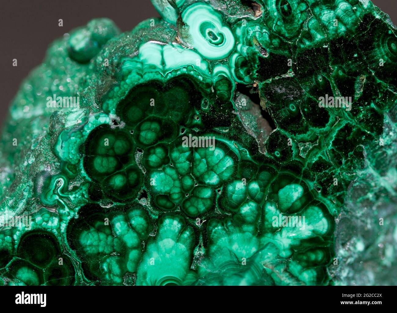 Malachite is an ore of Copper Carbonate that has been mined since ancient times. It is prized for the copper smelted from it starting the Bronze Age Stock Photo