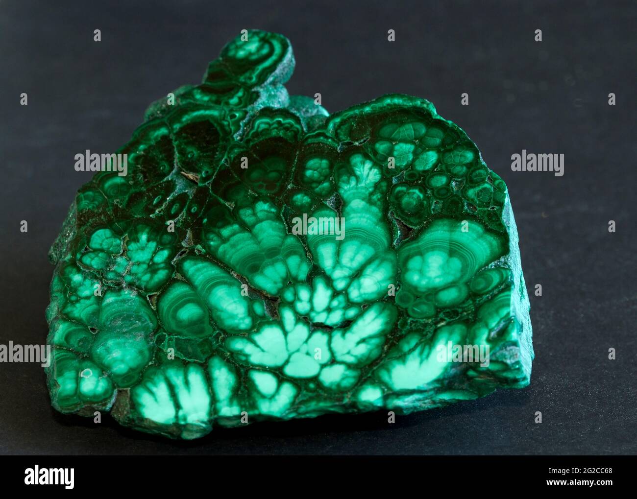 Malachite is an ore of Copper Carbonate that has been mined since ancient times. It is prized for the copper smelted from it starting the Bronze Age Stock Photo