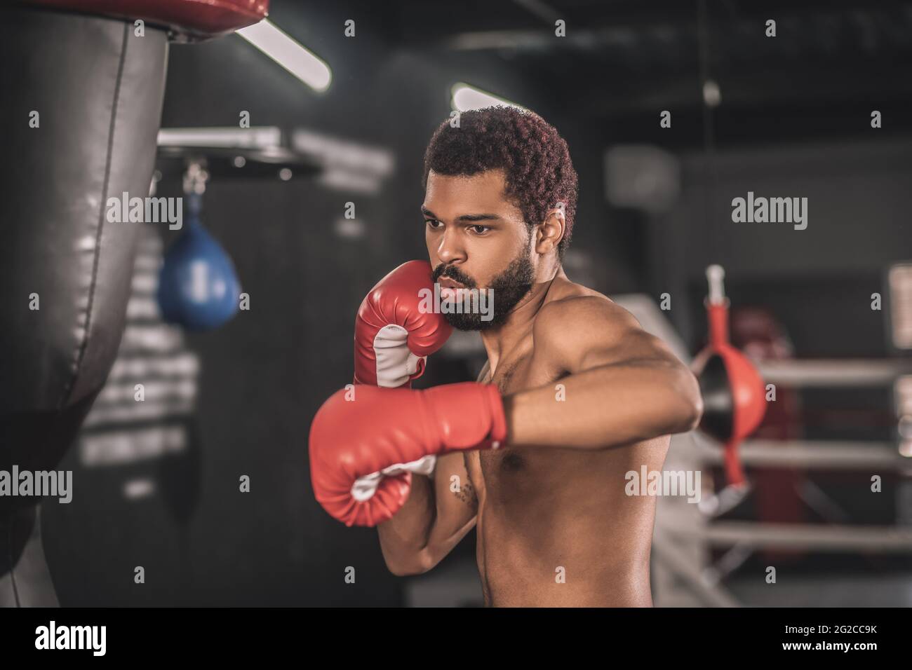 Young dark-skinned kickboxer having a workout in a gym Stock Photo