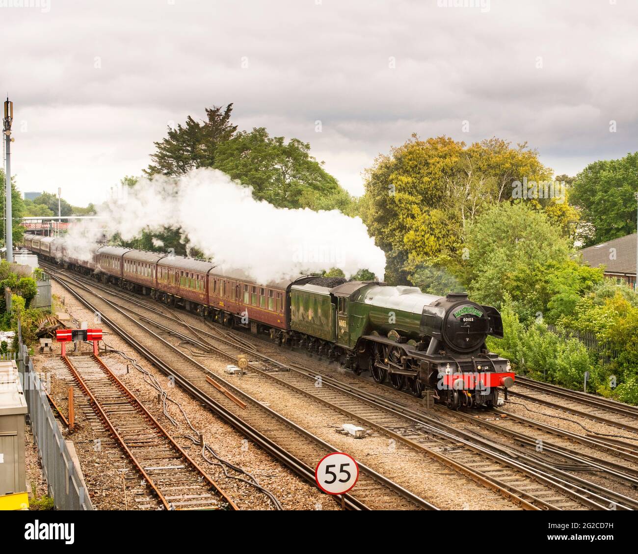 Historic LNER A3 Pacific steam locomotive Flying Scotsman passing through St Denys station on 6 June 2021 pulling a charter train to Southampton. Stock Photo