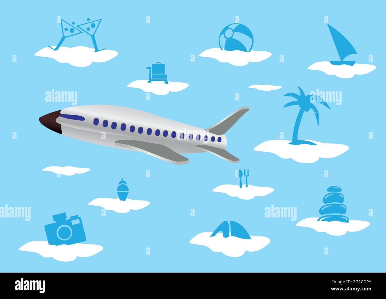 Vector illustration of a flying airplane and summer holiday vacation ...