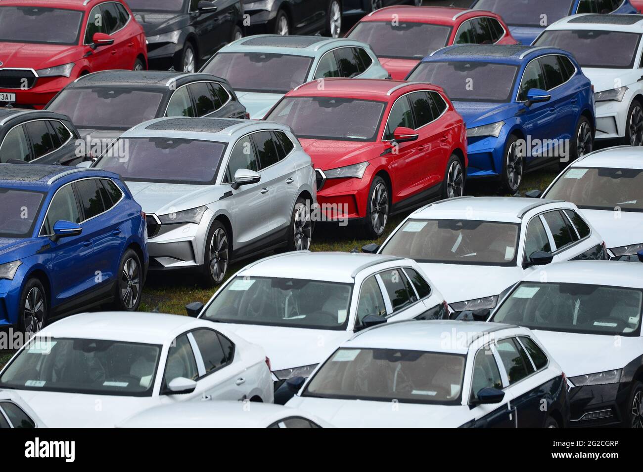 Mnichovo Hradiste, Czech Republic. 10th June, 2021. New cars Skoda Auto parked in a distribution center on a June 10, 2021, near Mlada Boleslav in the Czech Republic. Skoda Auto has problems with missing chips.The most recent also concern Czech car maker Skoda Auto, and according to local trade unionists, the company has had to start production stoppages on some lines in recent days.A car factory Skoda Auto factory a successful unit of the German Volkswagen concern. Credit: Slavek Ruta/ZUMA Wire/Alamy Live News Stock Photo