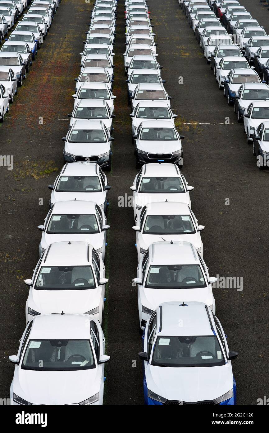 June 10, 2021, Mnichovo Hradiste, Czech Republic: New cars Skoda Auto parked in a distribution center on a June 10, 2021, near Mlada Boleslav in the Czech Republic. ..Skoda Auto has problems with missing chips.The most recent also concern Czech car maker Skoda Auto, and according to local trade unionists, the company has had to start production stoppages on some lines in recent days...A car factory Skoda Auto factory a successful unit of the German Volkswagen concern. (Credit Image: © Slavek Ruta/ZUMA Wire) Stock Photo