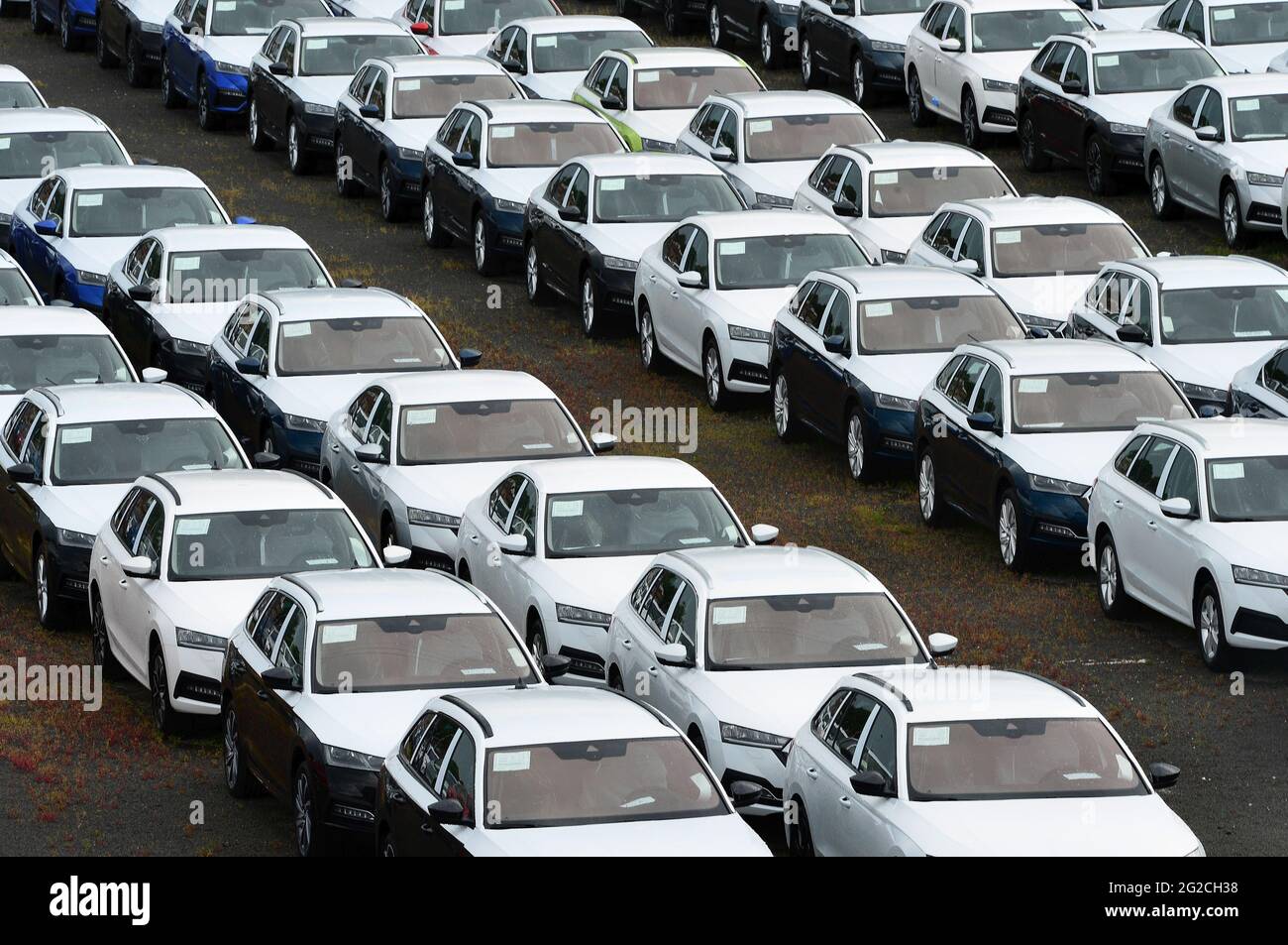 June 10, 2021, Mnichovo Hradiste, Czech Republic: New cars Skoda Auto parked in a distribution center on a June 10, 2021, near Mlada Boleslav in the Czech Republic. ..Skoda Auto has problems with missing chips.The most recent also concern Czech car maker Skoda Auto, and according to local trade unionists, the company has had to start production stoppages on some lines in recent days...A car factory Skoda Auto factory a successful unit of the German Volkswagen concern. (Credit Image: © Slavek Ruta/ZUMA Wire) Stock Photo