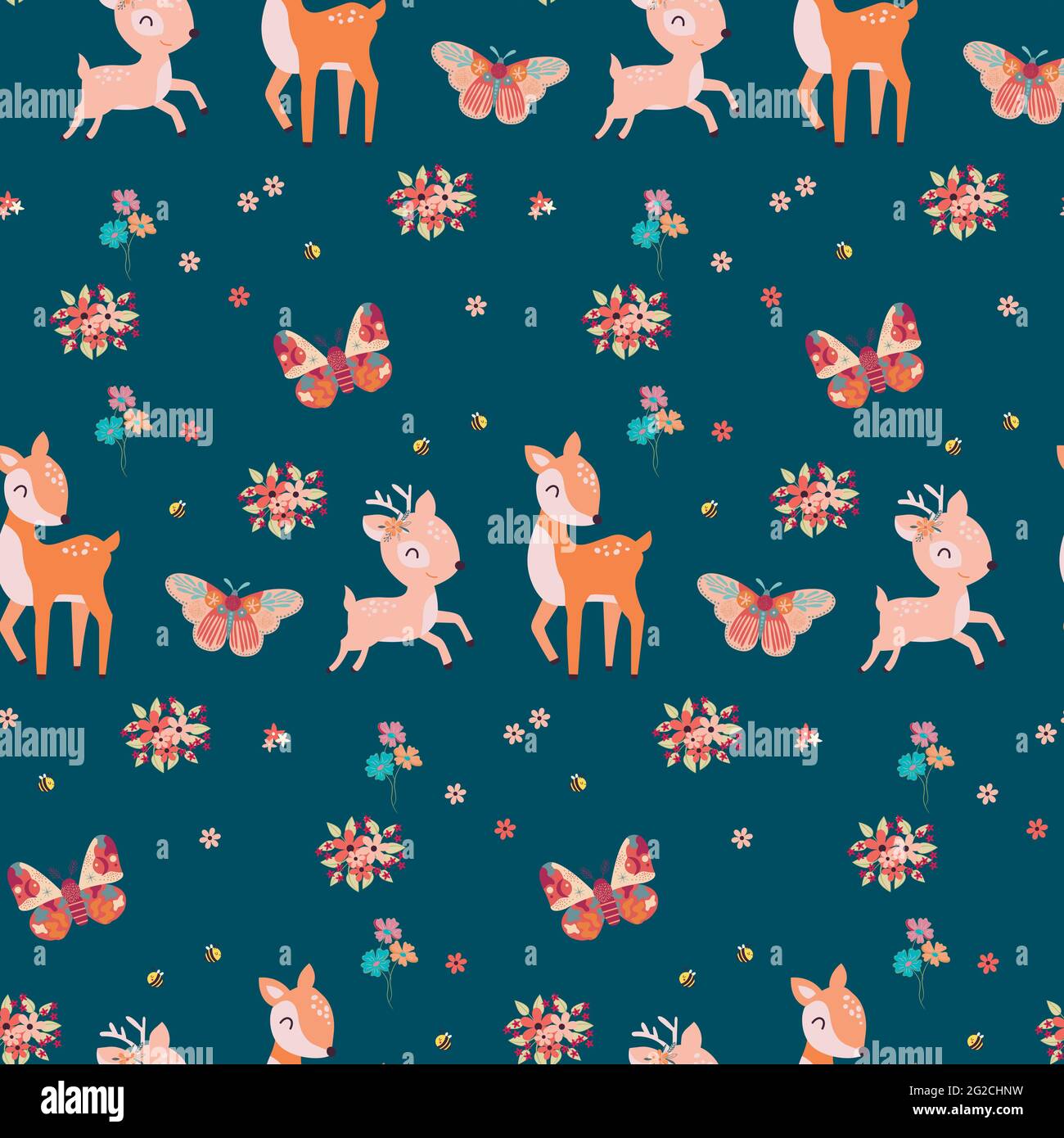 Seamless pattern with funny cute little deer and flowers. Children ...