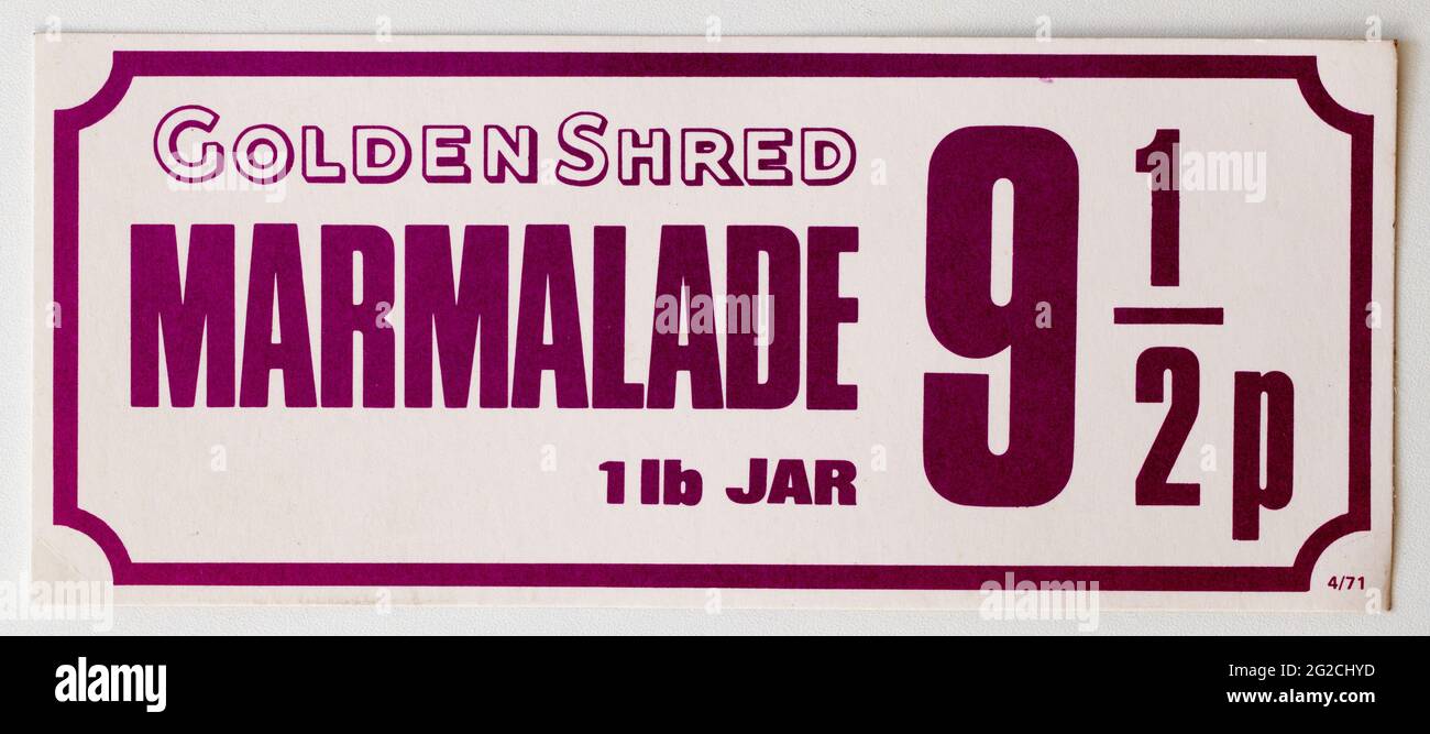 1970s Shop Advertising Price Display Label - Golden Shred Marmalade Stock Photo