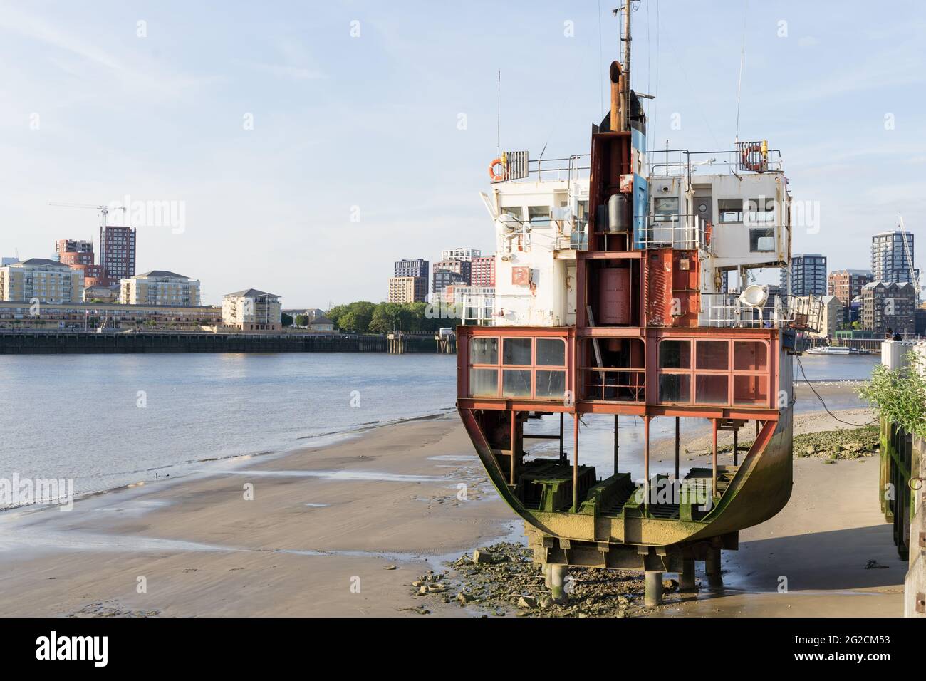 A 'Slice of Reality' ,9-metre segment of vertical section from 60 metre sand dredger , expose to element in river Thames, London Greenwich O2, UK Stock Photo