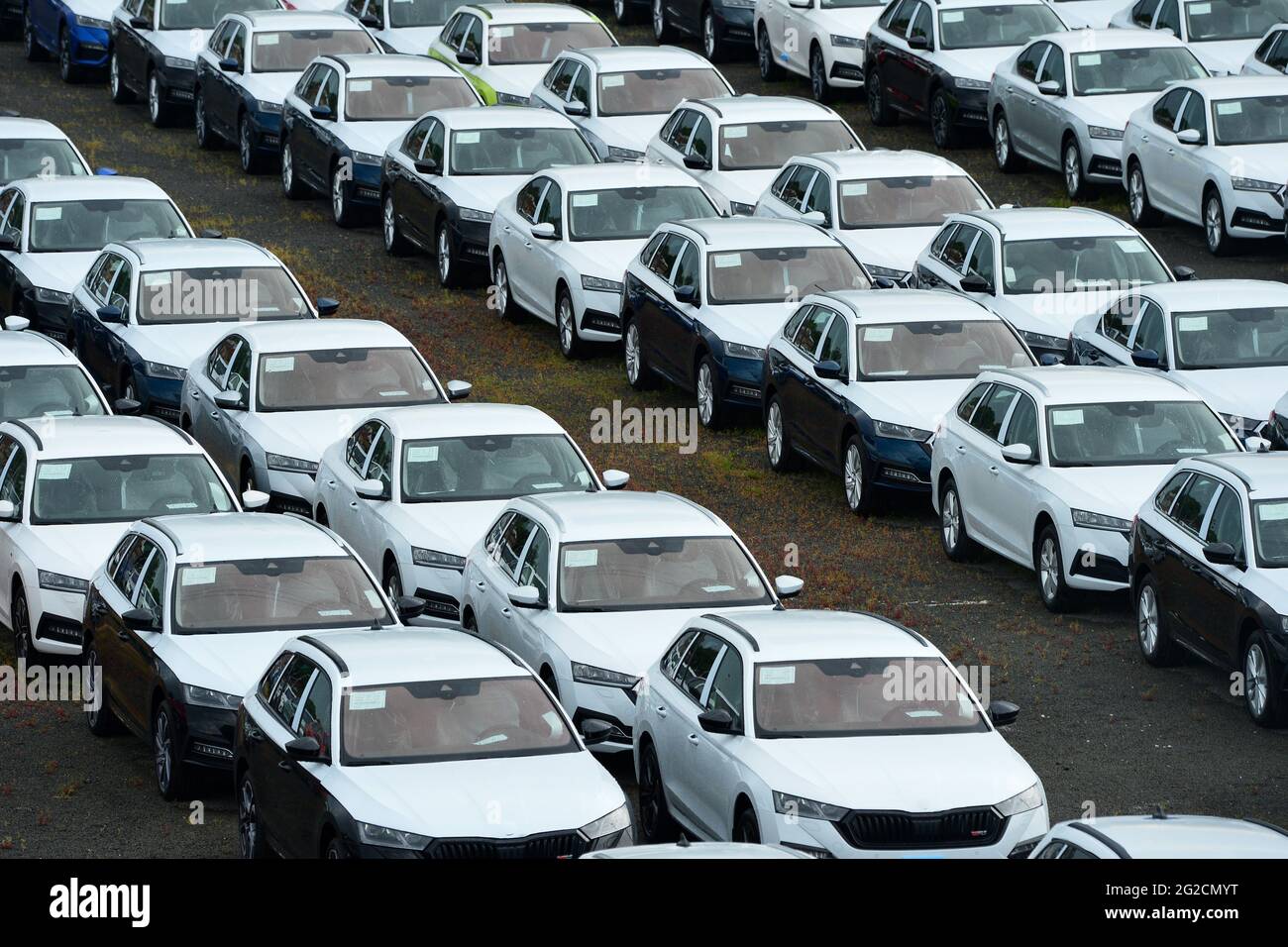 Mnichovo Hradiste, Czech Republic. 10th June, 2021. New cars Skoda Auto parked in a distribution center on a June 10, 2021, near Mlada Boleslav in the Czech Republic. Skoda Auto has problems with missing chips.The most recent also concern Czech car maker Skoda Auto, and according to local trade unionists, the company has had to start production stoppages on some lines in recent days.A car factory Skoda Auto factory a successful unit of the German Volkswagen concern. Credit: Slavek Ruta/ZUMA Wire/Alamy Live News Stock Photo