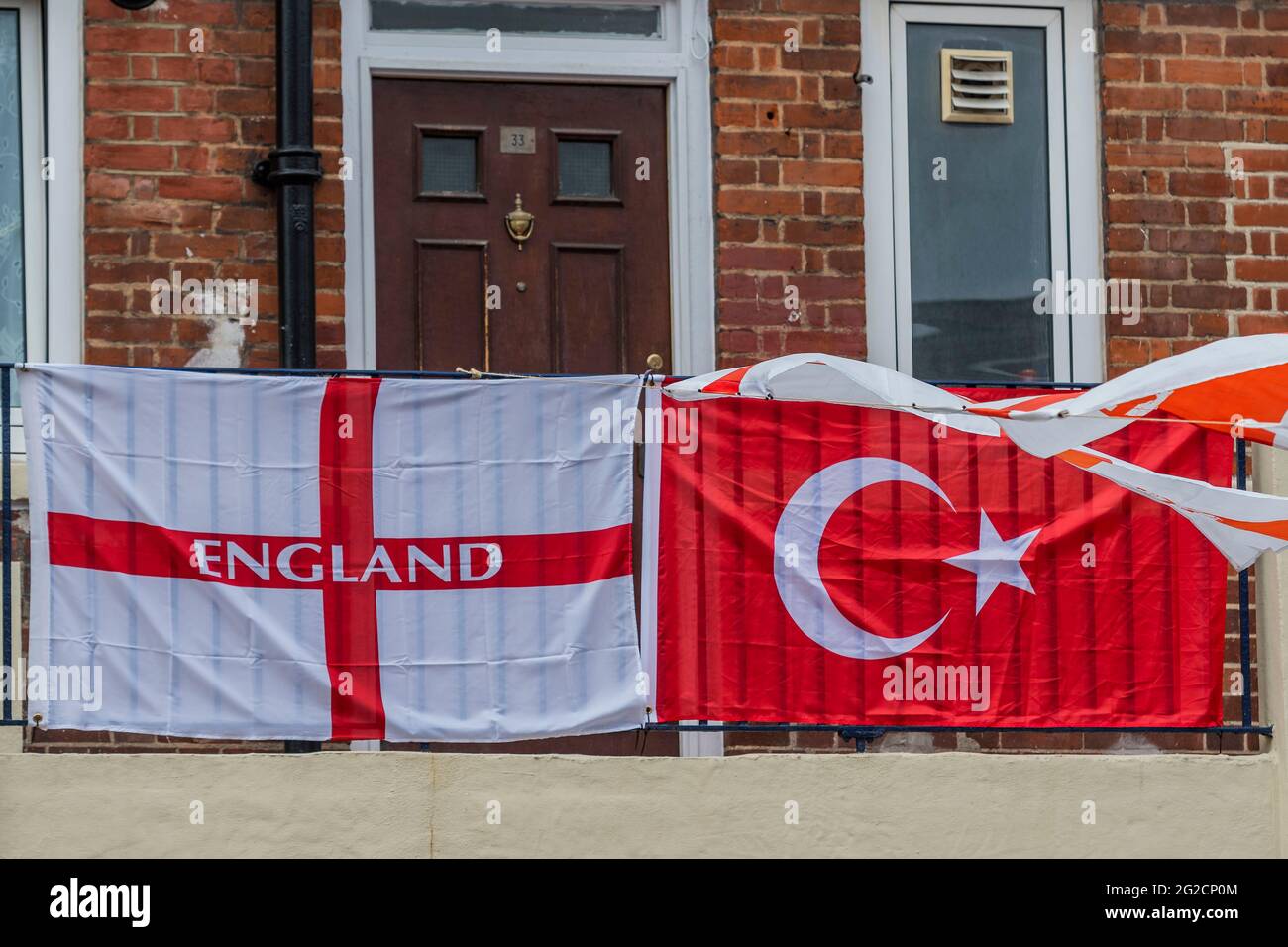 London, UK. 10th June, 2021. A solitary Turkish (Turkey) flag - Football-mad residents in Bermondsey's Kirby Estate in south-east London have put up around 400 England (cross of St George) flags ahead of the European Championship which starts this weekend and is in fact the Covid-delayed 2020 tournament. Credit: Guy Bell/Alamy Live News Stock Photo