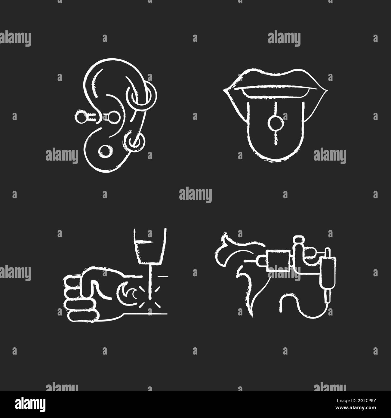 Tattoo and piercing masters chalk white icons set on dark background ...