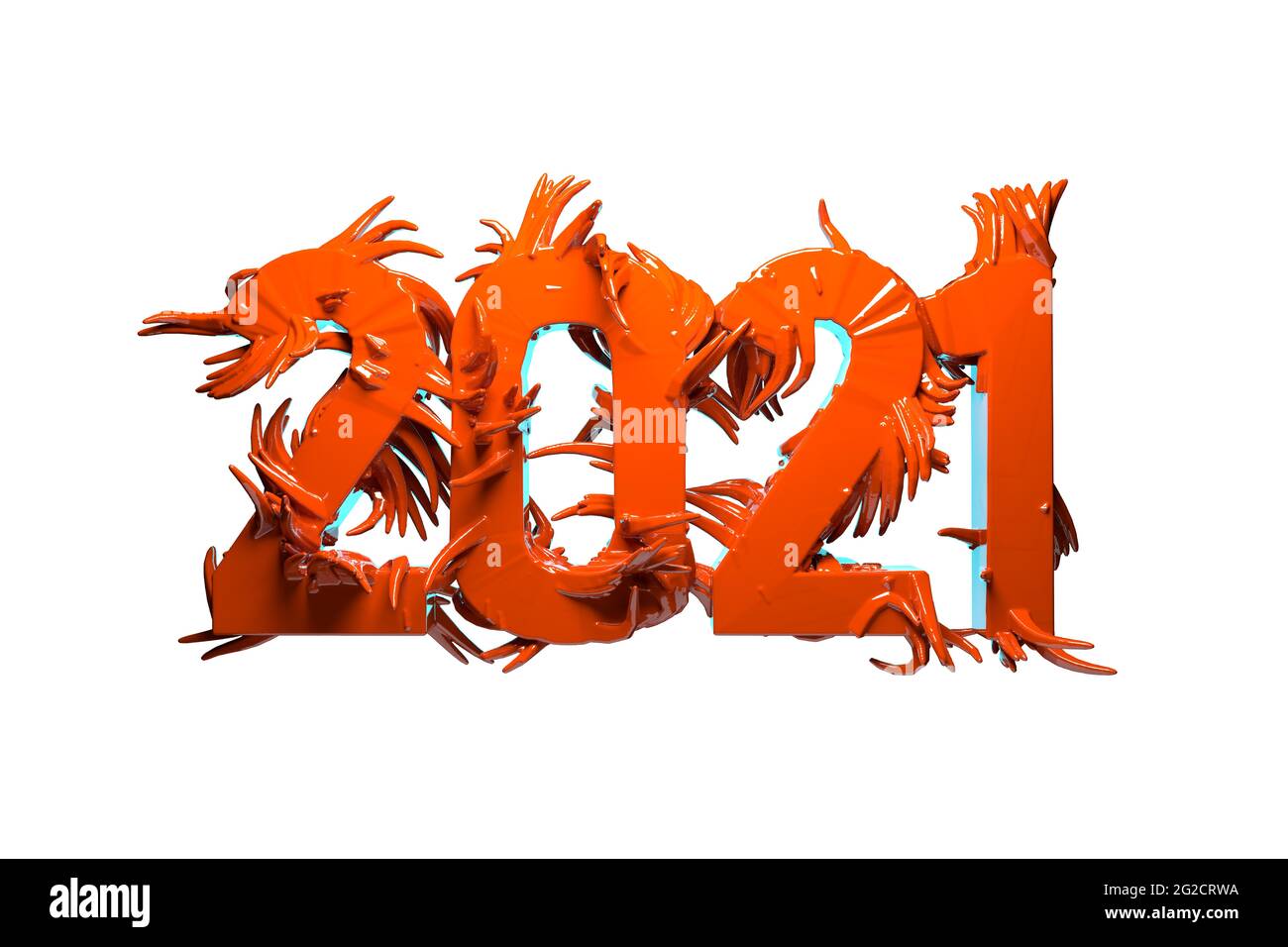 Happiness for the New Year 2021 lettering made by red glossy plastic or metal. The surface is covered with sharp spikes Isolated on white background Stock Photo