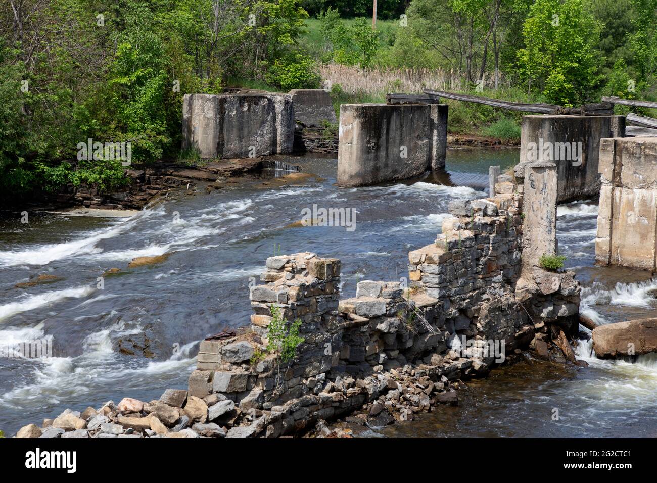 Eganville Ontario Canada Bonnechere River. Industrial artifacts in river Stock Photo