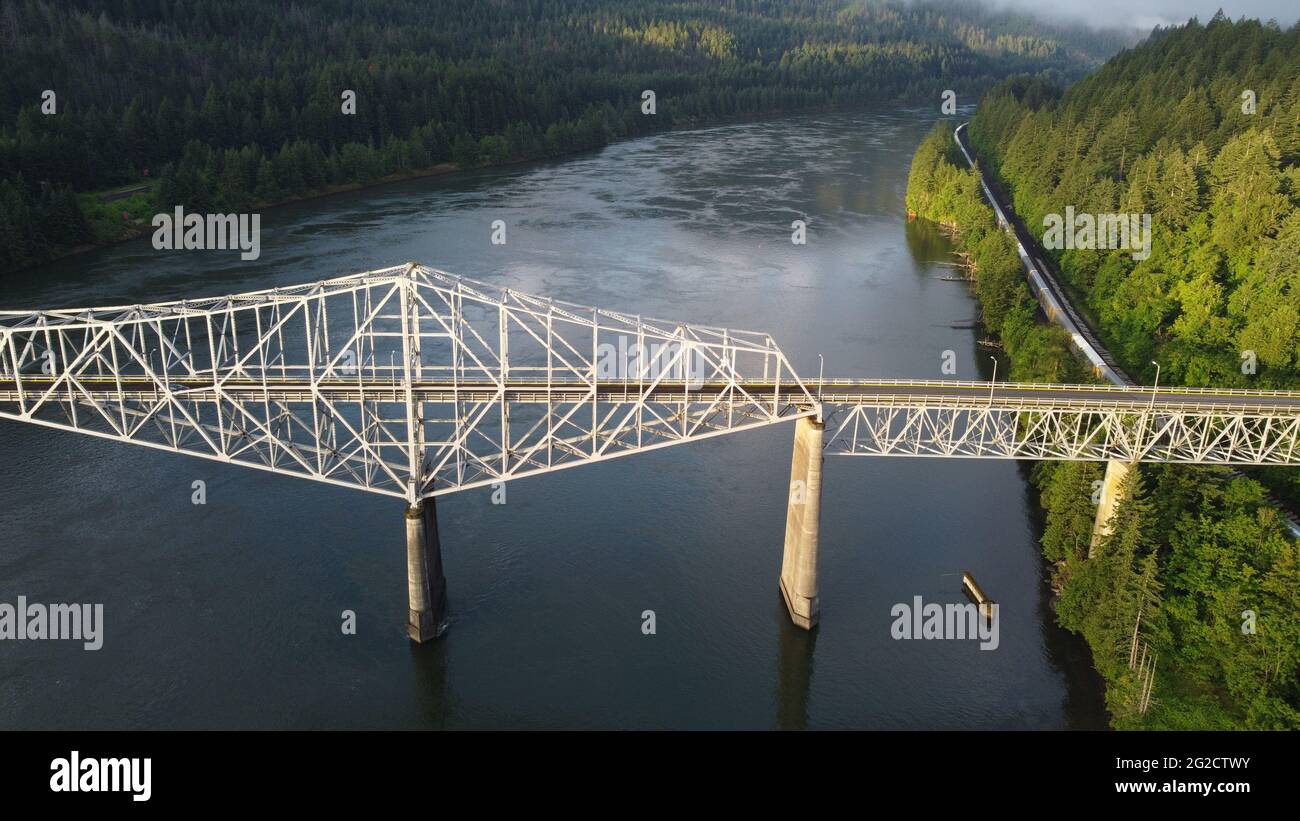 Aerial view of The Bridge of the Gods in Cascade Locks, Oregon Stock
