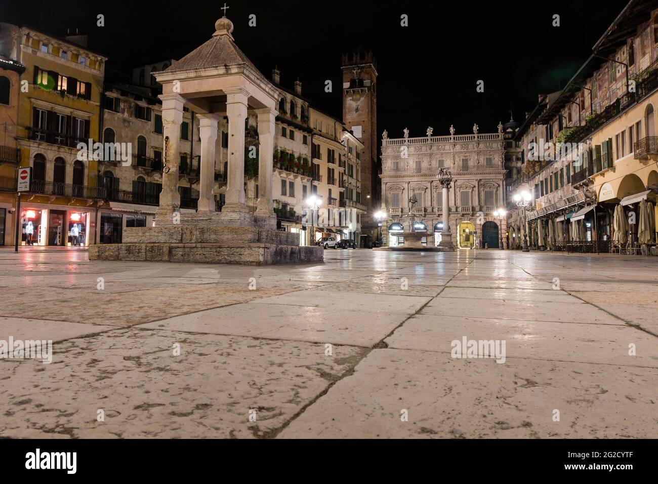 Empty square at night during the italian covid lockdown Stock Photo