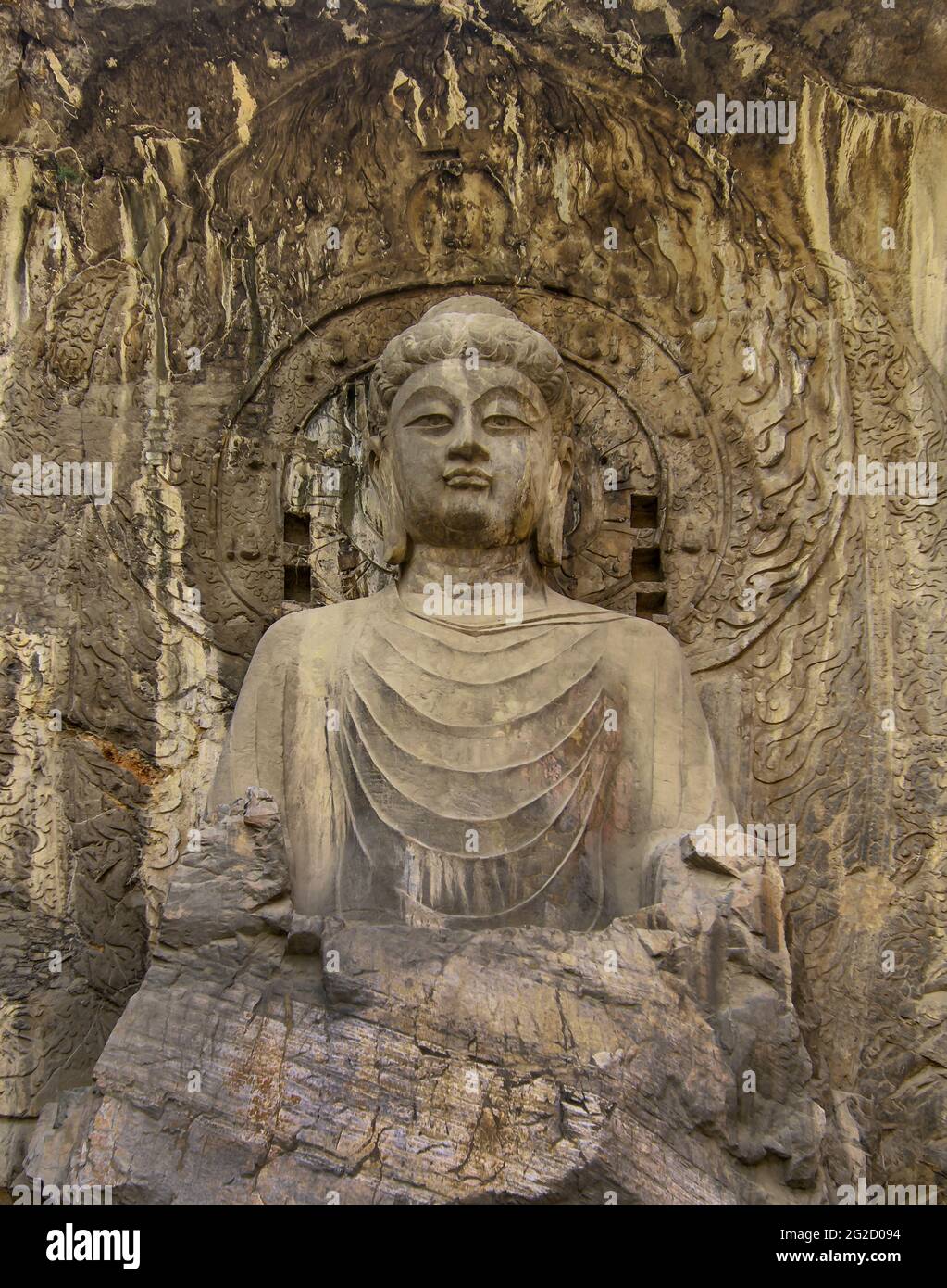 Longmen Grottoes. Laoyang . China.Five Statues. Main wall of Fengxiansi Cave. Second year of(675) of Shangyuan Era of Emperor Gaozong. Tang Dynasty. Stock Photo