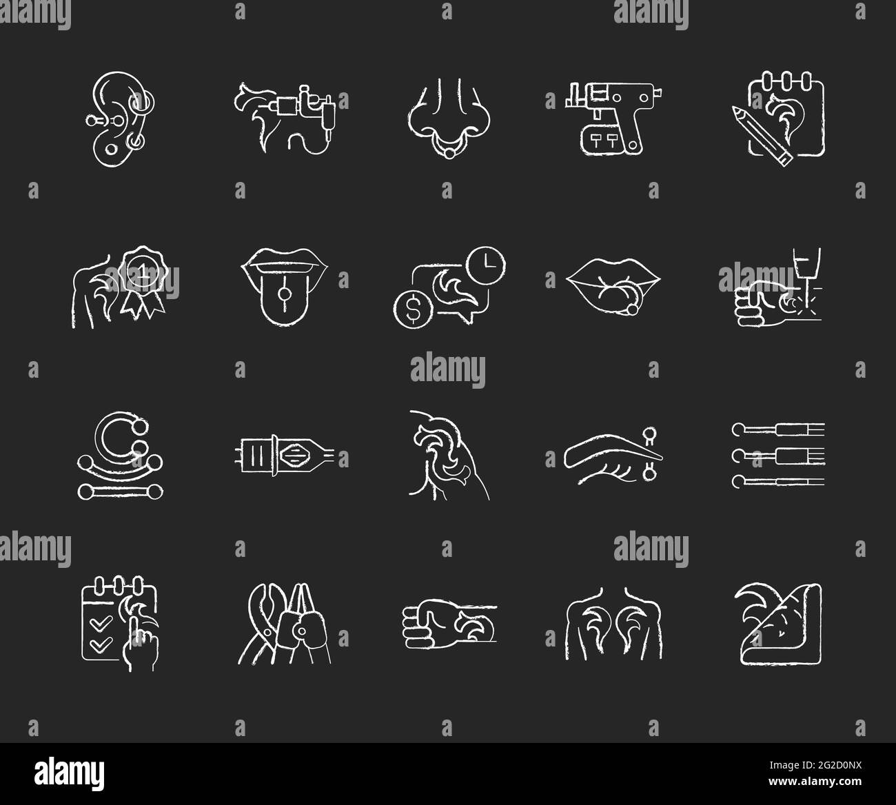 Tattoo and piercing chalk white icons set on dark background Stock ...