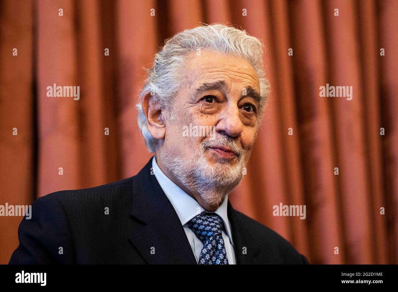 Madrid, Spain. 10th June, 2021. The tenor Placido Domingo makes a speech as he receives the title of 'Honorary Ambassador of the World Heritage of Spain' at the Teatro Real, Madrid. Domingo receives this title coinciding with his return to Spain to perform at two concerts, in Madrid and Marbella. The emblem is given to him by the association ADIPROPE (Association for the Diffusion and Promotion of the World Heritage of Spain), dedicated to caring for and promoting knowledge of Spain's World Heritage. (Photo by Oscar Fuentes/SOPA Images/Sipa USA) Credit: Sipa USA/Alamy Live News Stock Photo