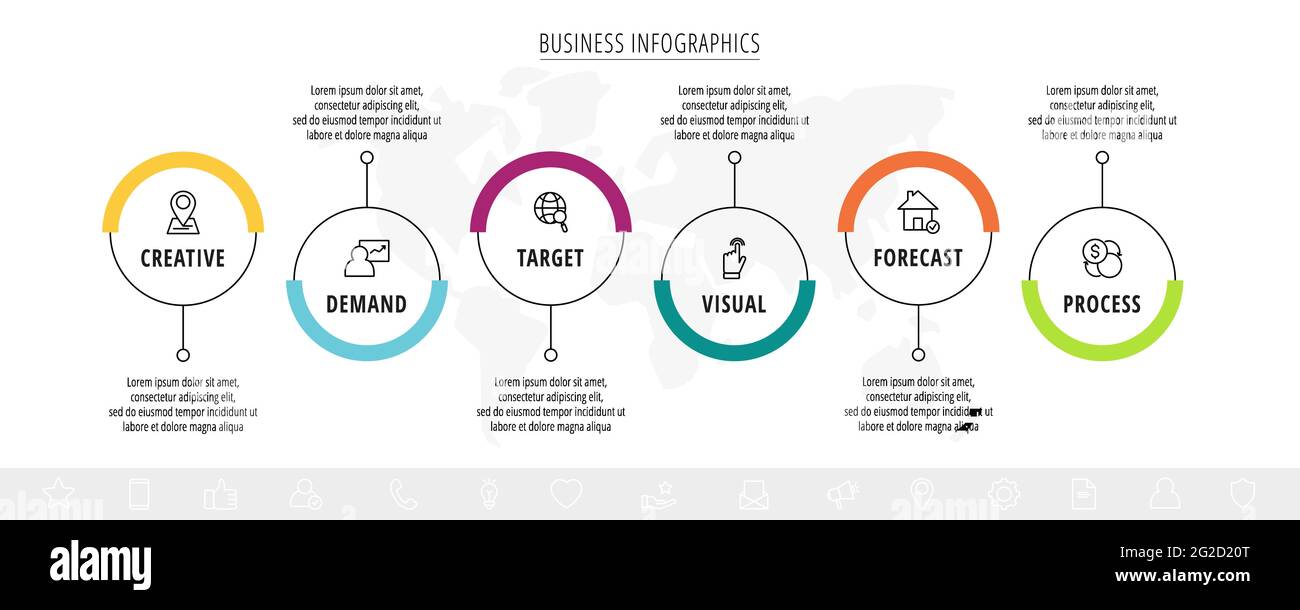 Line vector infographics with six circles and icons. Template with 6 ...