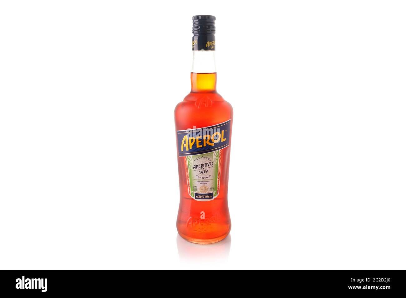 Aperol bottle on white background. Italian aperitif. Alcoholic beverage Stock Photo