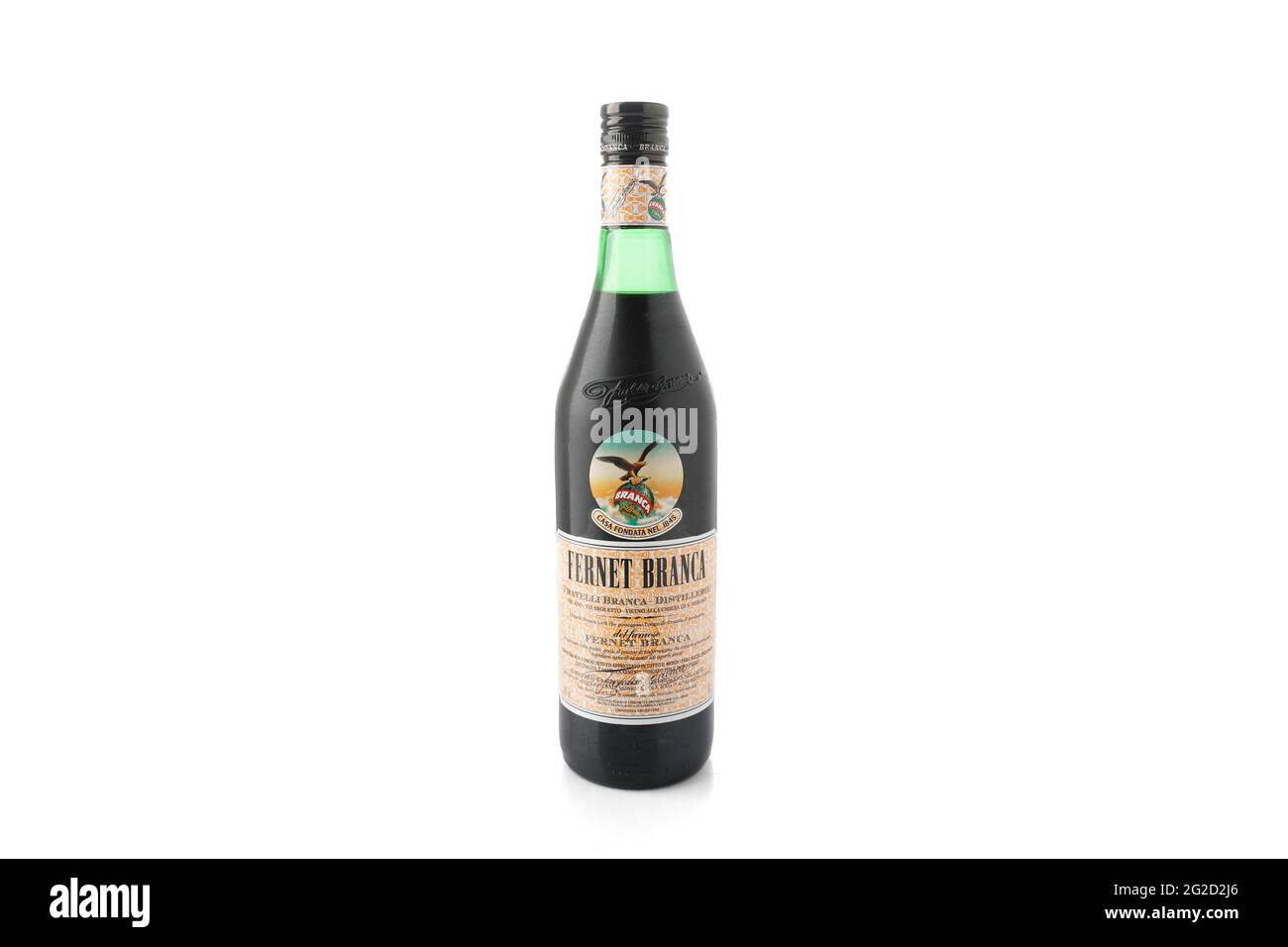 Fernet Branca bottle on white background. Italian aperitif. Alcoholic beverage Stock Photo