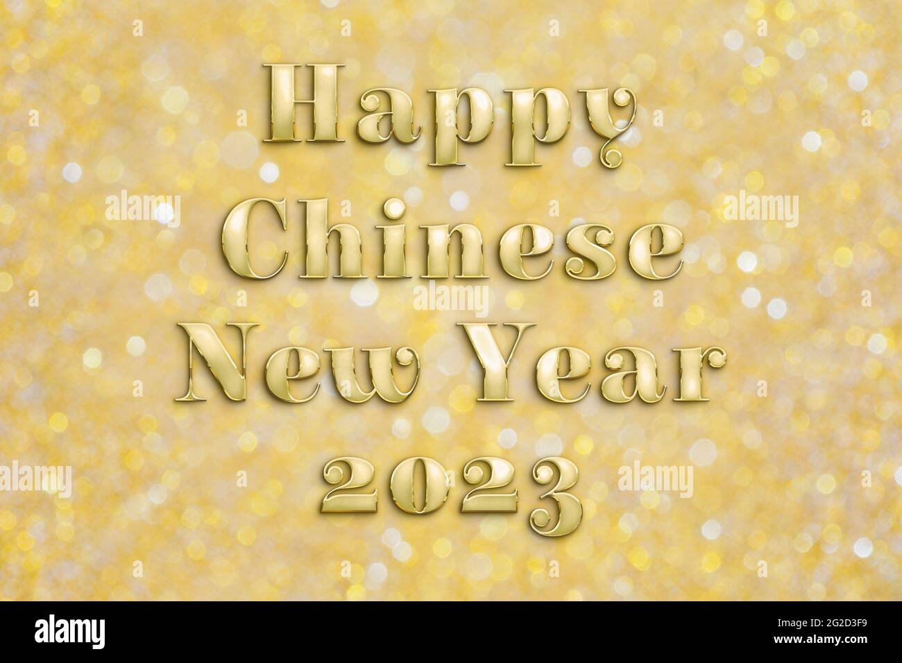 'Happy Chinese New Year 2023' text in golden letters over shiny gold colored blurred bokeh glitter background. Stock Photo