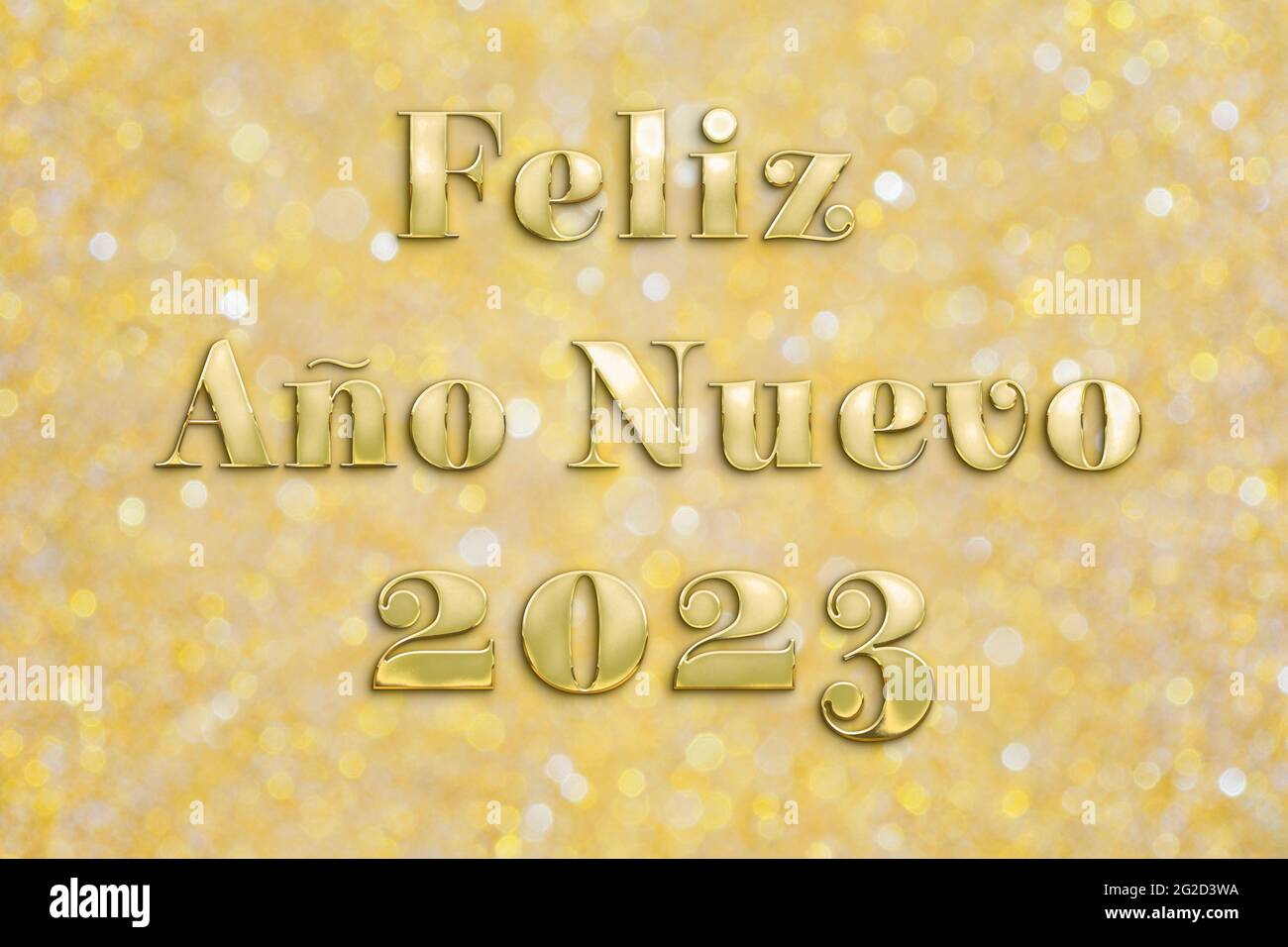 'Feliz Año Nuevo 2023' text in golden letters over shiny gold colored blurred bokeh glitter background. Stock Photo