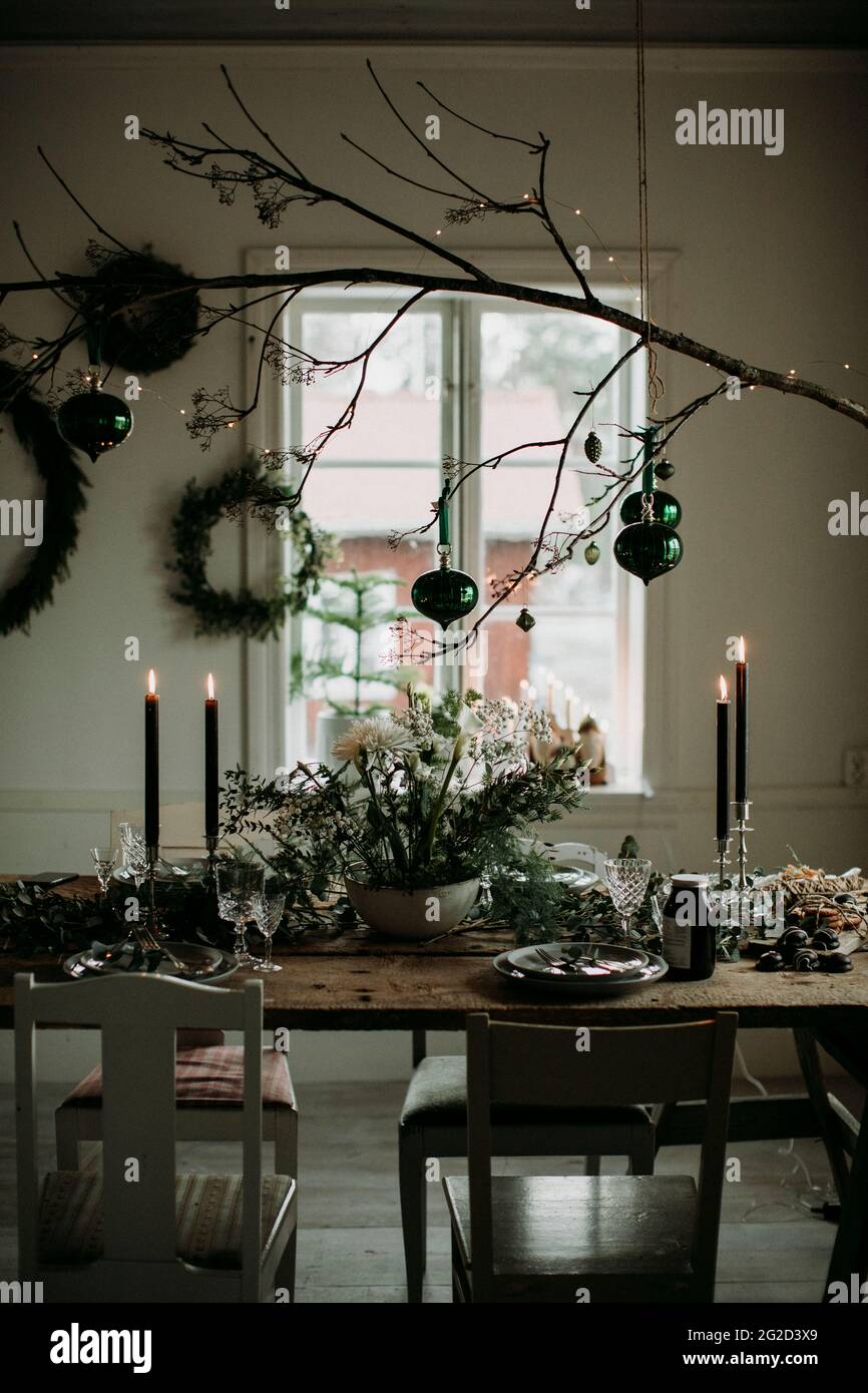 Christmas decorations and set table Stock Photo