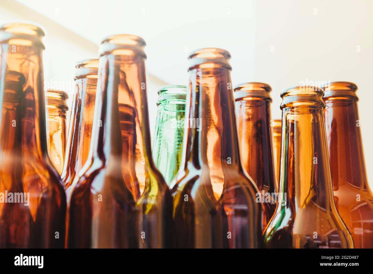 An empty green glass bottle surrounded by other brown bottles seen from a low angle. A lot of light enters behind the bottles. Stock Photo