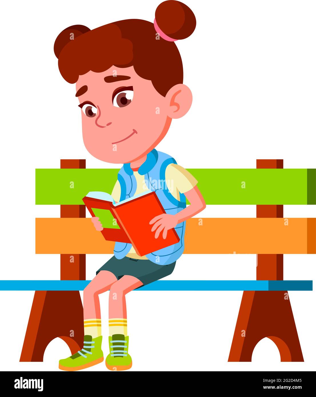 attractive little girl sitting on park bench and reading book cartoon ...