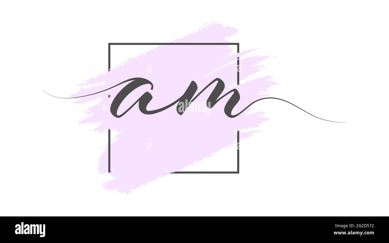 Calligraphic lowercase letters AM on a colored background in a frame ...