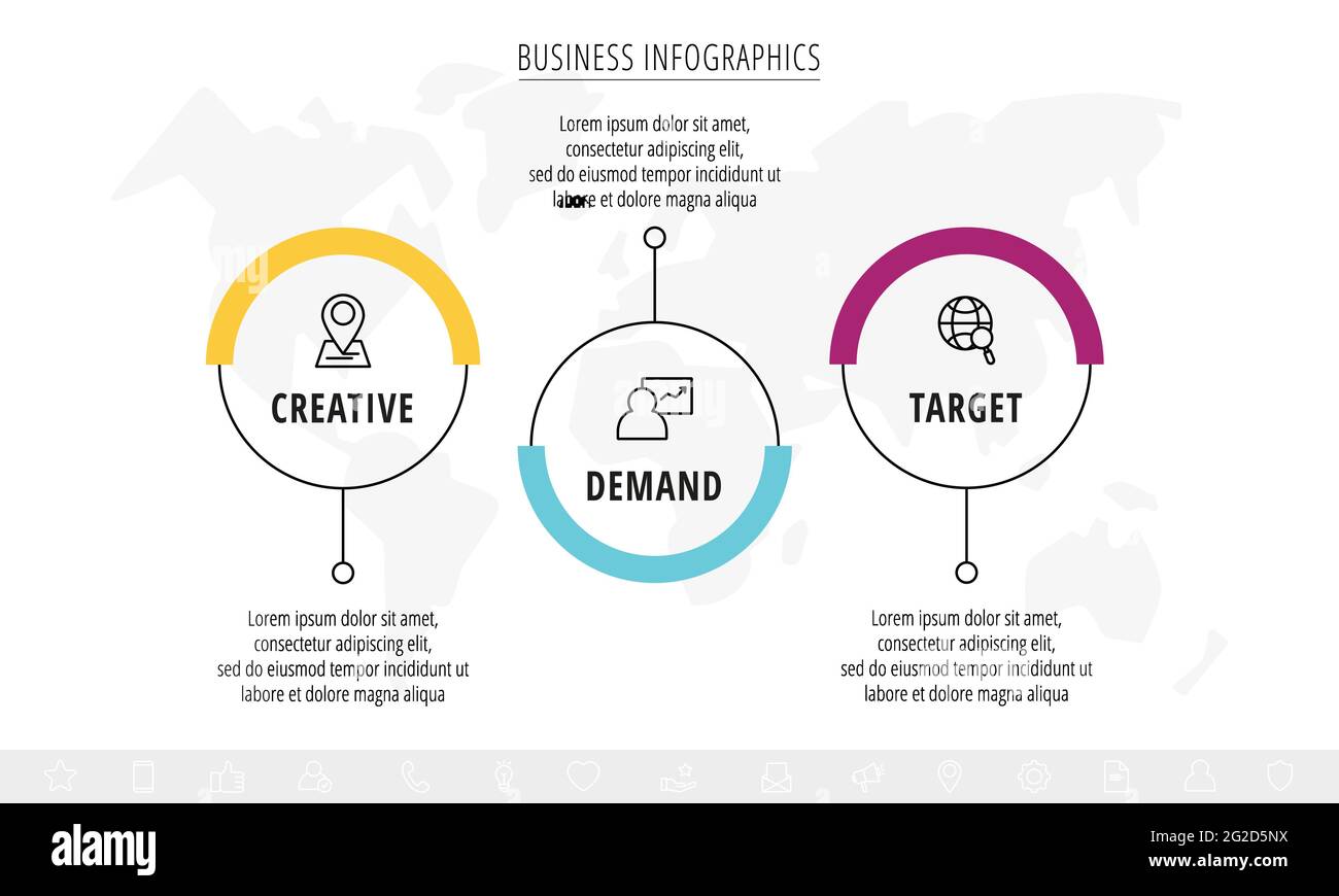 Line vector infographics with three circles and icons. Template with 3 ...
