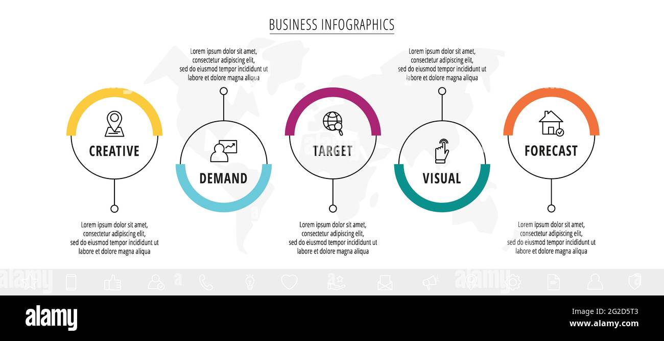 Line vector infographics with five circles and icons. Template with 5 ...