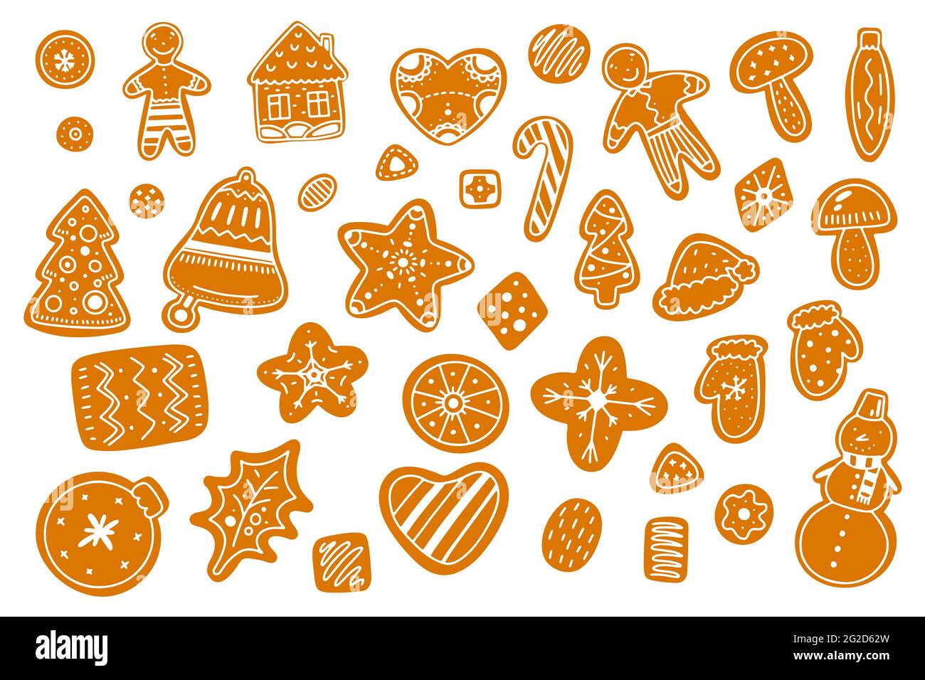Cartoon Christmas gingerbread cookie. Hand drawn pastries isolated on white background. Baked Christmas tree, star, snowflake, man, house. Homemade ho Stock Vector