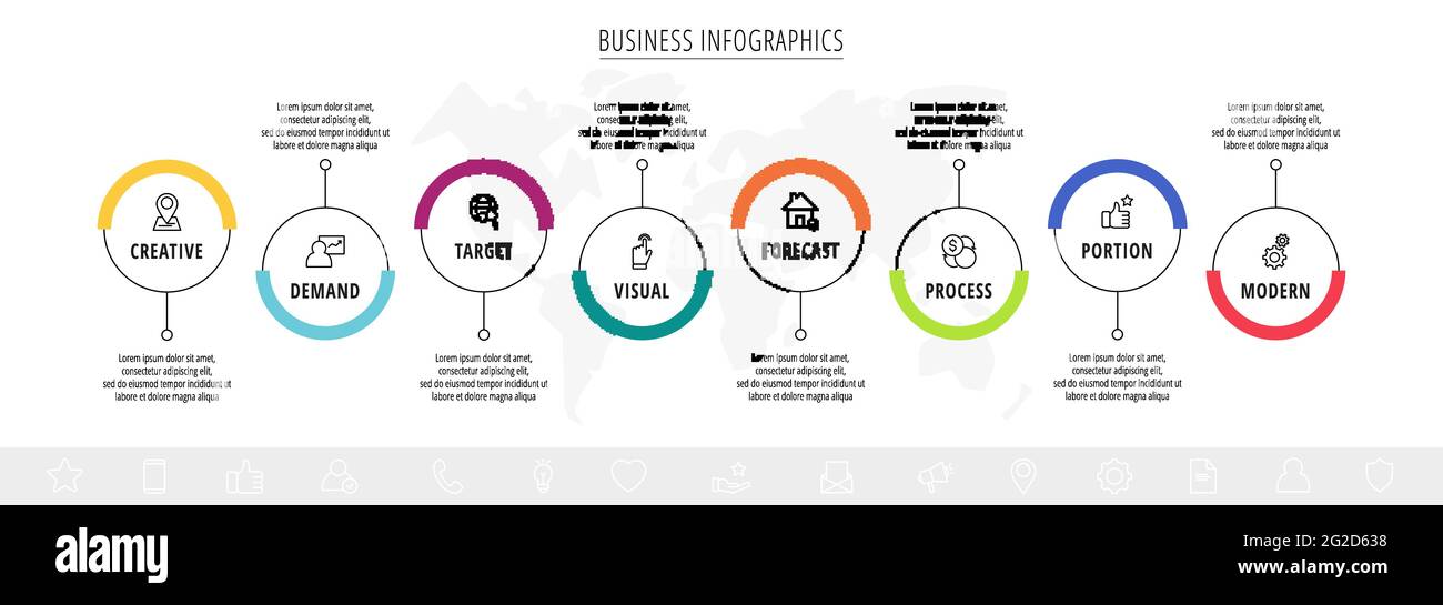 Line vector infographics with eight circles and icons. Template with 8 ...