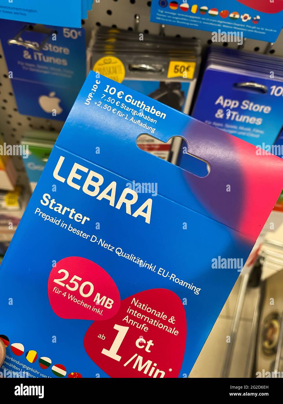 Viersen, Germany - May 9. 2021: Closeup of lebara prepaid card voucher in german supermarket Stock Photo