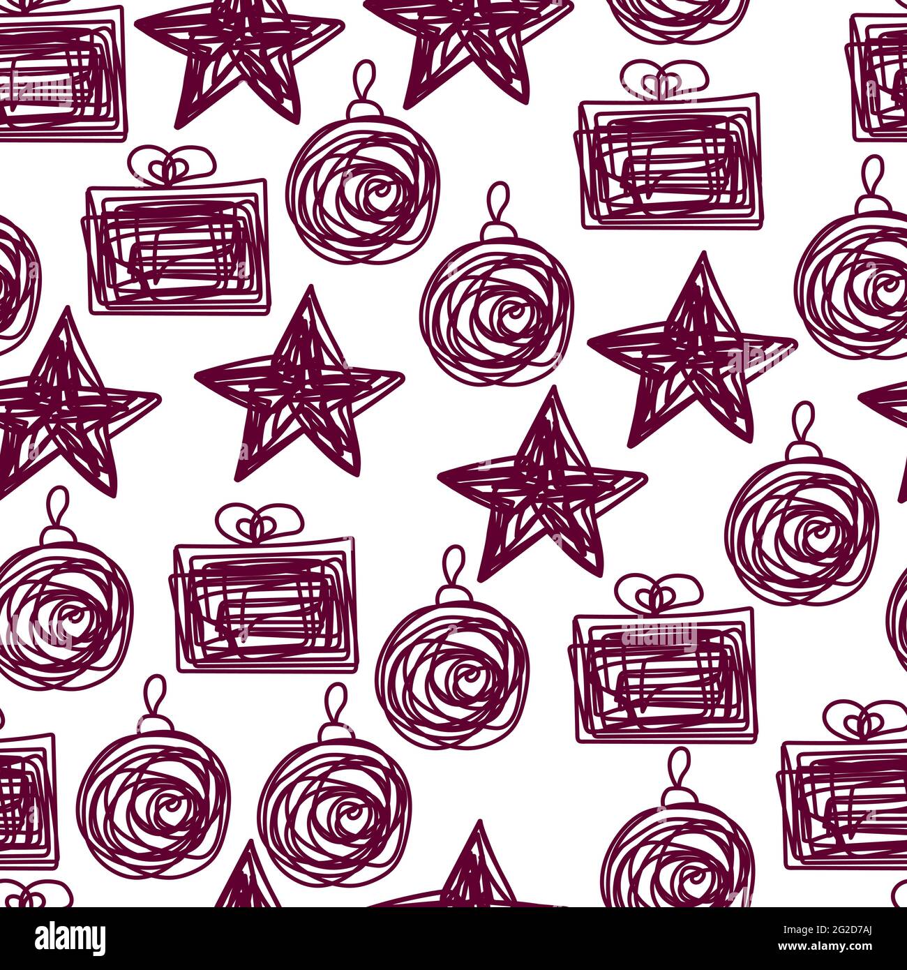 Christmas seamless pattern. Violet holiday gifts, balls, stars on a white background. New Year hand drawn vector ornament for wallpapers, posters, wra Stock Vector