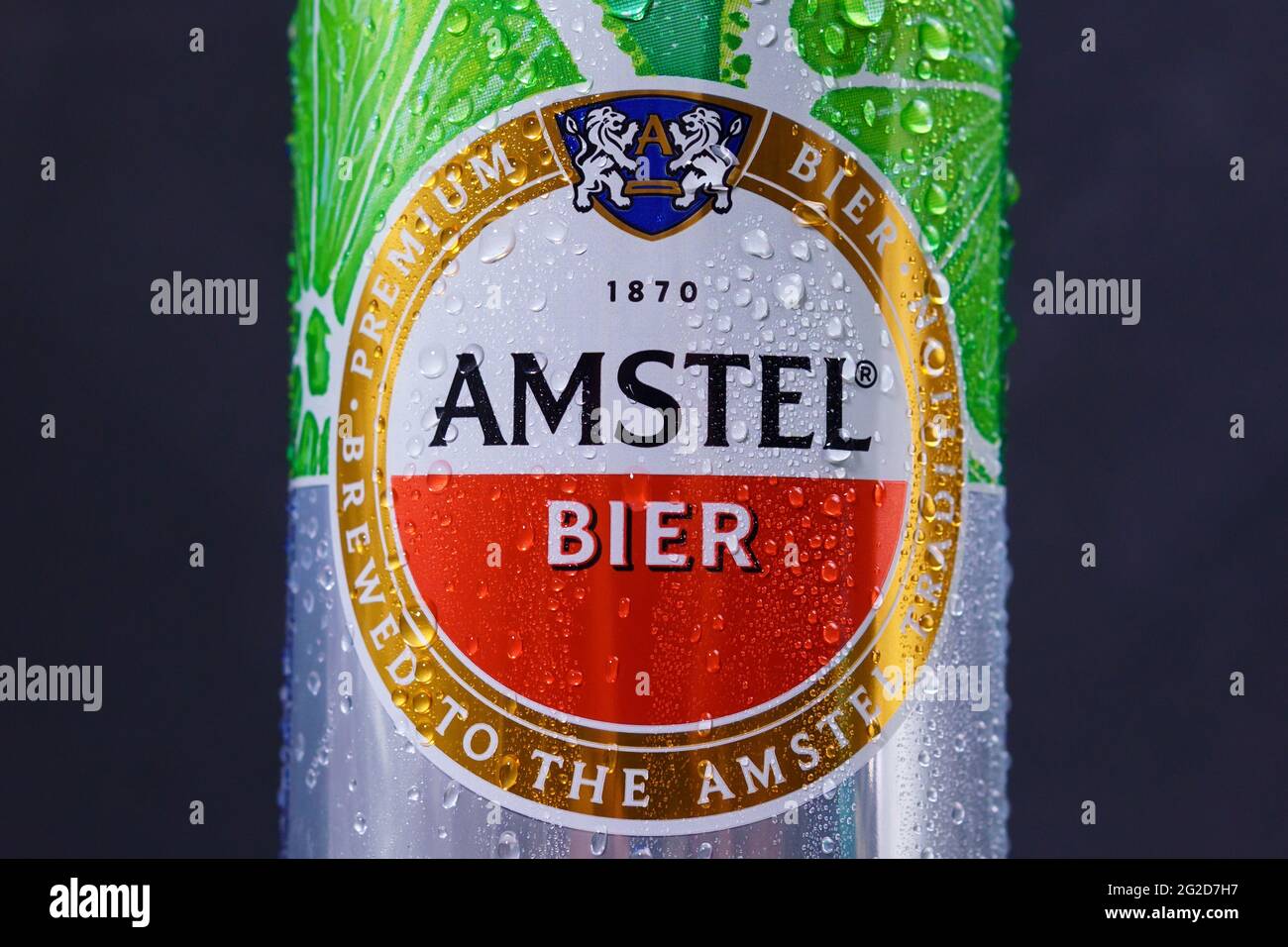 Tyumen, Russia-May 25, 2021: Amstel beer can non-alcoholic with lime and mint. Stock Photo